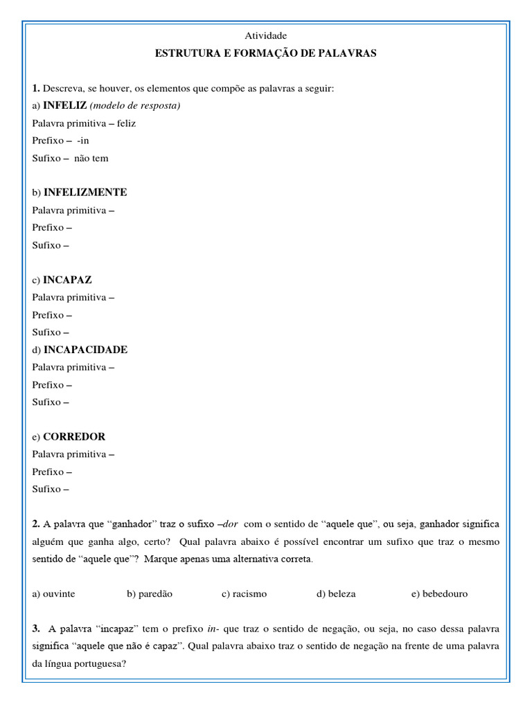 Atividade Estrutura e Formação Das Palavras 9 Ano | PDF