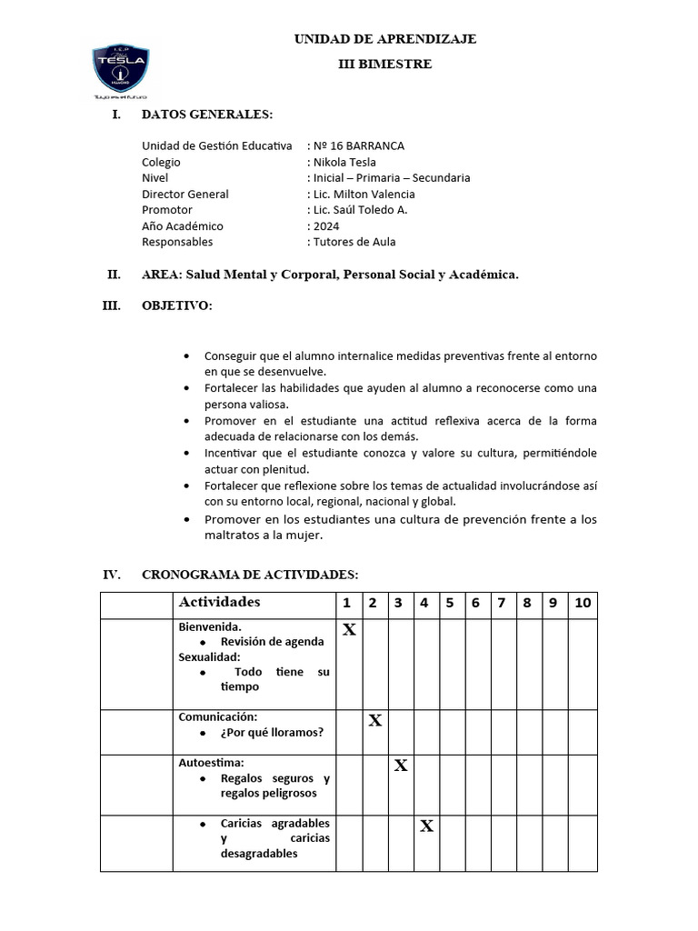 Unidad de Aprendizaje: Tutoría III Bimestre | PDF | Aprendizaje ...