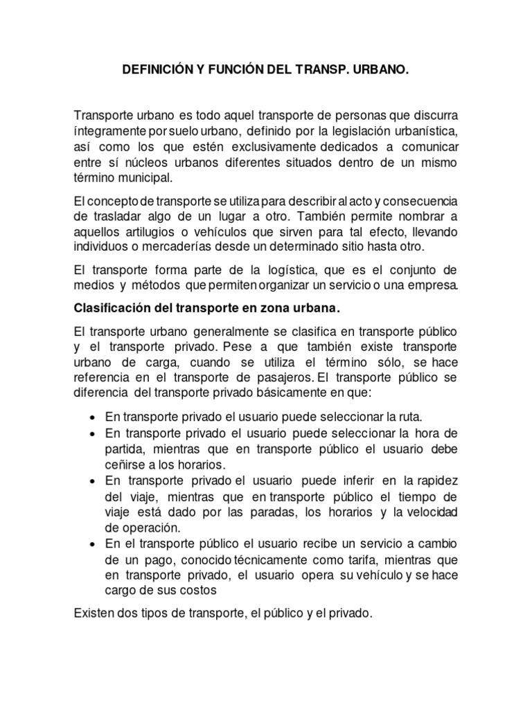 Definición y Clasificación del Transporte Urbano | PDF | Transporte ...