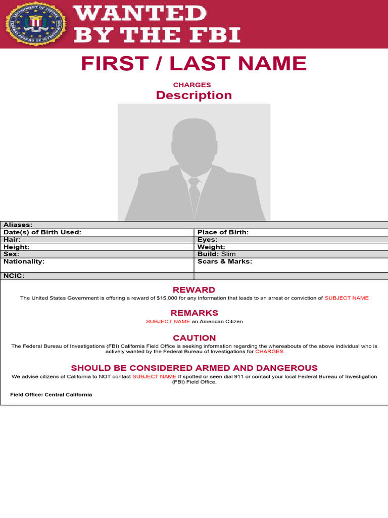 U.S. Department of Justice - FBI Wanted Poster | PDF | Social Science, image size:768x1024