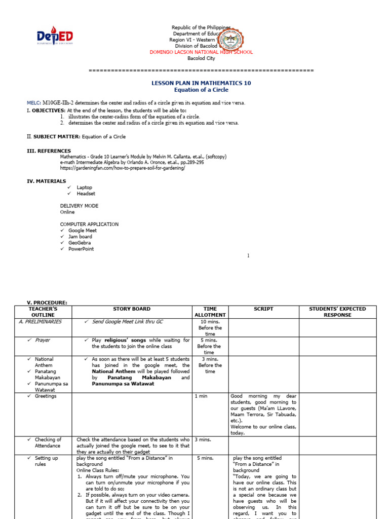Lesson-Plan-on-Equation of A Circle For Demo Online | PDF | Circle ...