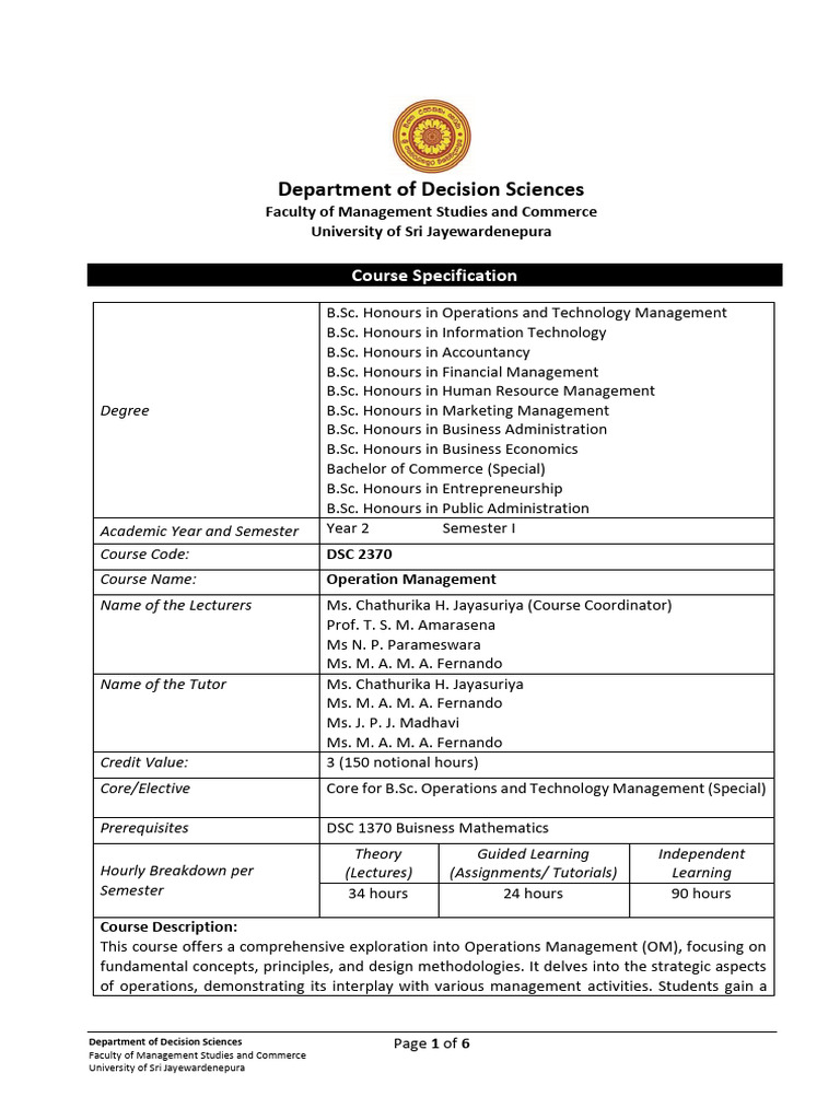 DSC 2370 Operations Management Outline | PDF | Business