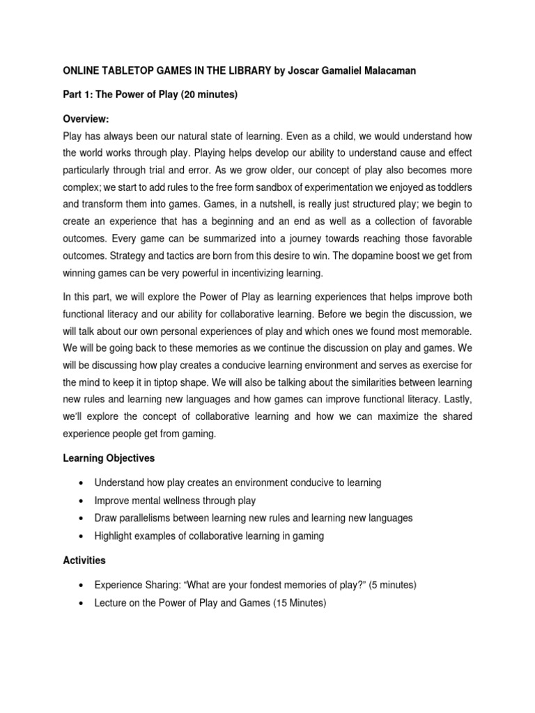 Online Tabletop Games in The Library Runthrough PDF Learning