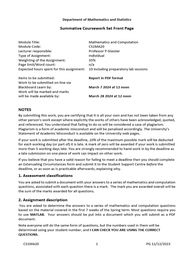 CS1MA20 Spring Term Assessment - 2023 - 4 | PDF | Function (Mathematics ...