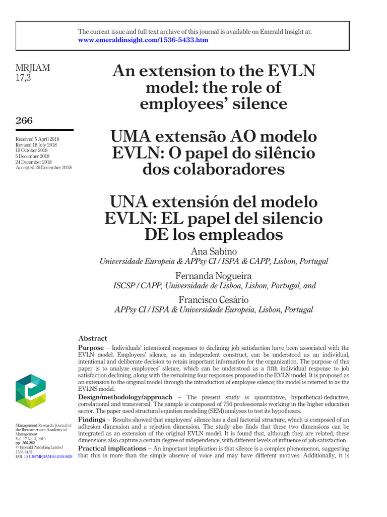 Extending the EVLN Model: Employee Silence | PDF | Job Satisfaction ...