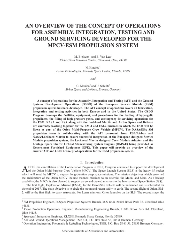 The Concept of Operations For AIT of MPCV-ESM Propulsion System | PDF ...
