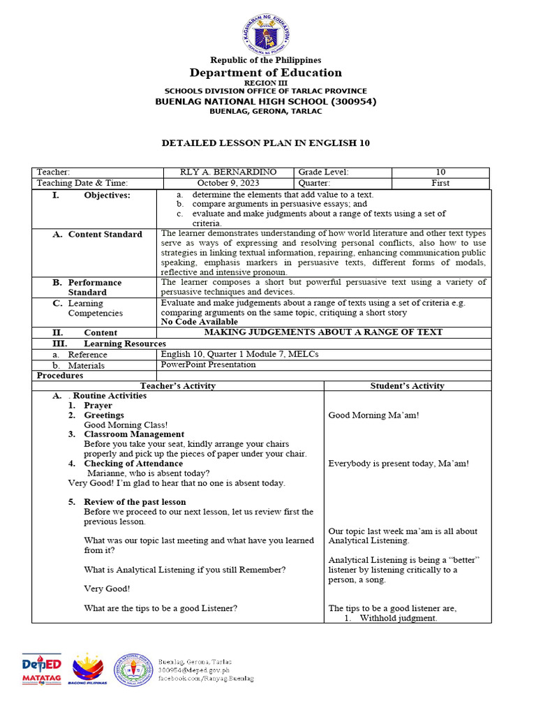 English 10 Detailed Lesson Plan | PDF | Essays | Argument