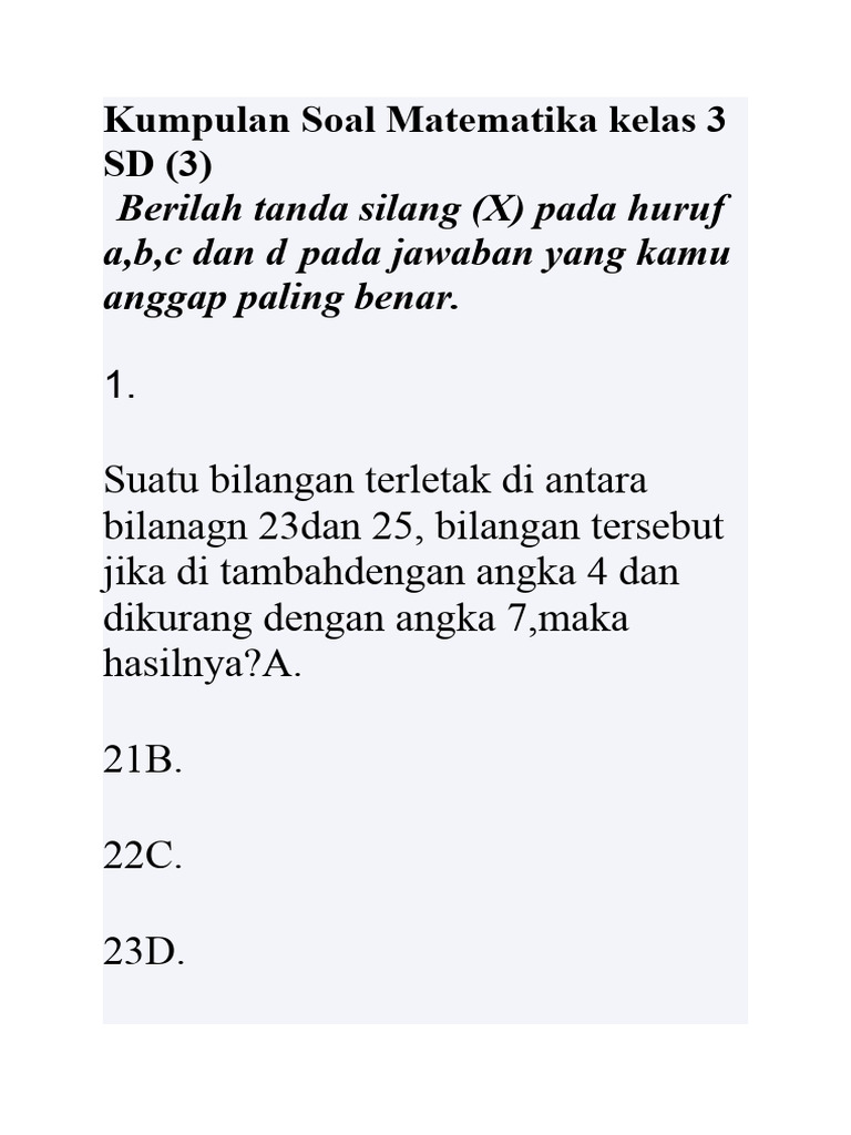 Soal Matematika Kelas 3 SD | PDF | Olahraga & Rekreasi | Metode & Bahan ...