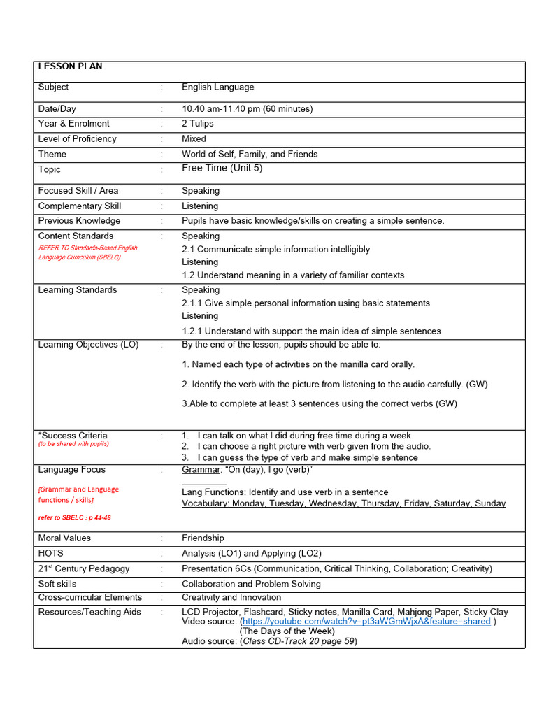 Free Time (Unit 5) : Lesson Plan | PDF | English Language | Flashcard