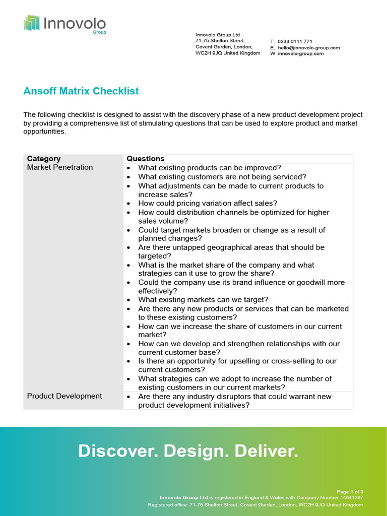 Ansoff Matrix Checklist for Product Development | PDF | Financial ...