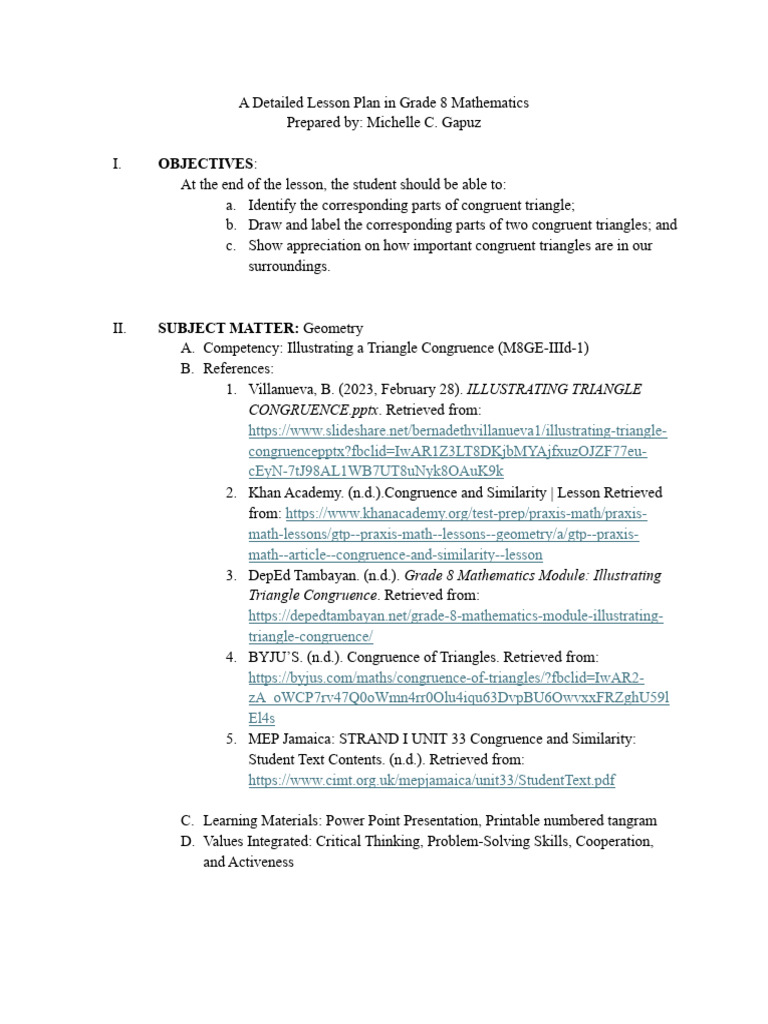 A Detailed Lesson Plan in Grade 8 Mathematics (Chelle) | PDF ...