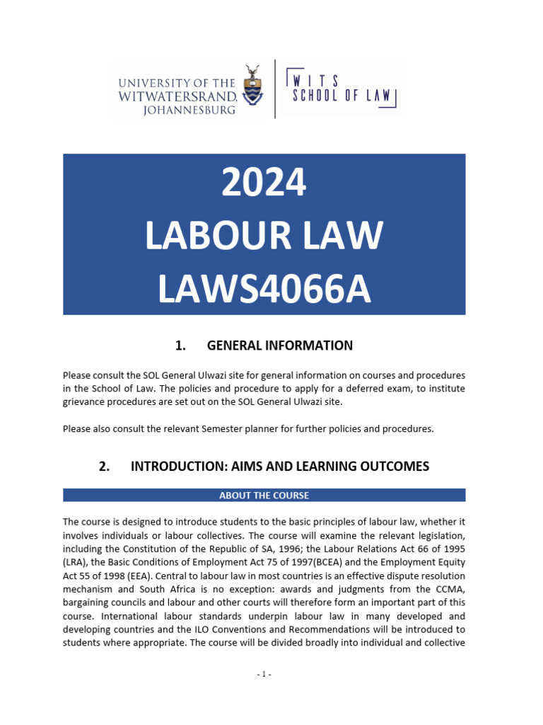 Labour Law Course Outline 2024 PDF Labour Law Employment