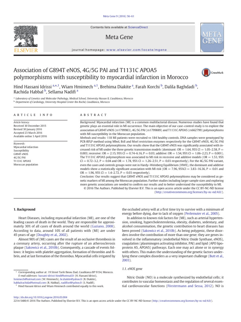 Association of G894T eNOS, 4G/5G PAI and T1131C APOA5 Polymorphisms ...