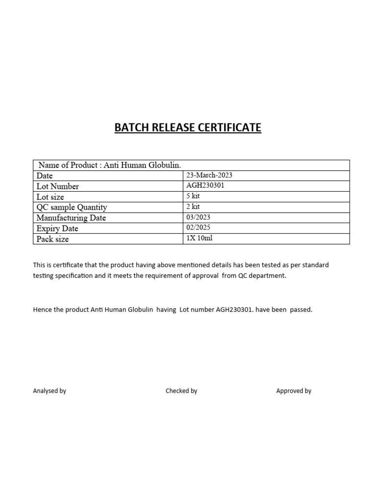 Batch Release Certificate for Anti Human Globulin | PDF | Technology ...