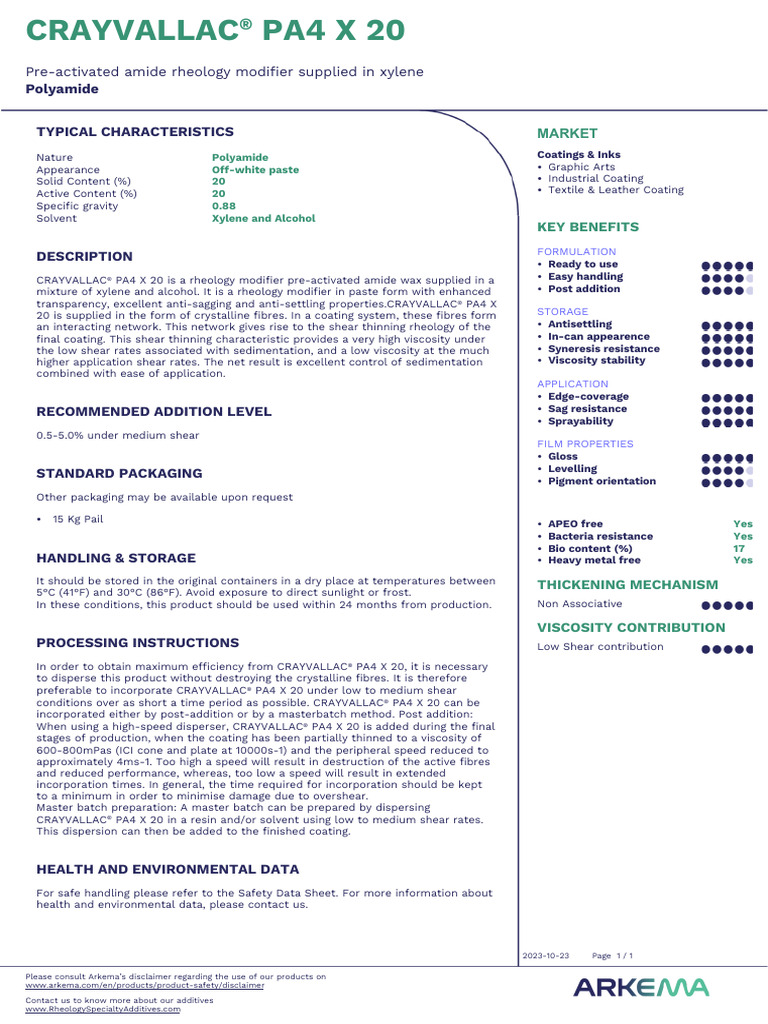TDS - CRAYVALLAC® PA4 X 20 - en - WW | PDF | Rheology | Viscosity