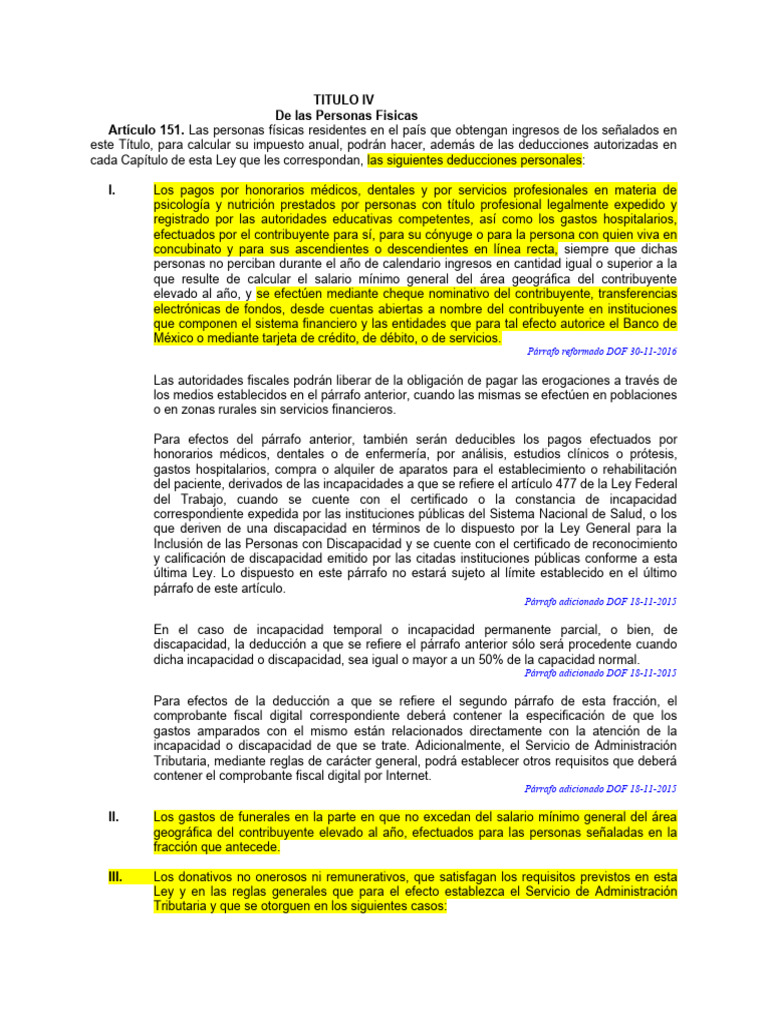 Artículo 151 Deducciones Personales | PDF | Impuesto sobre la renta ...