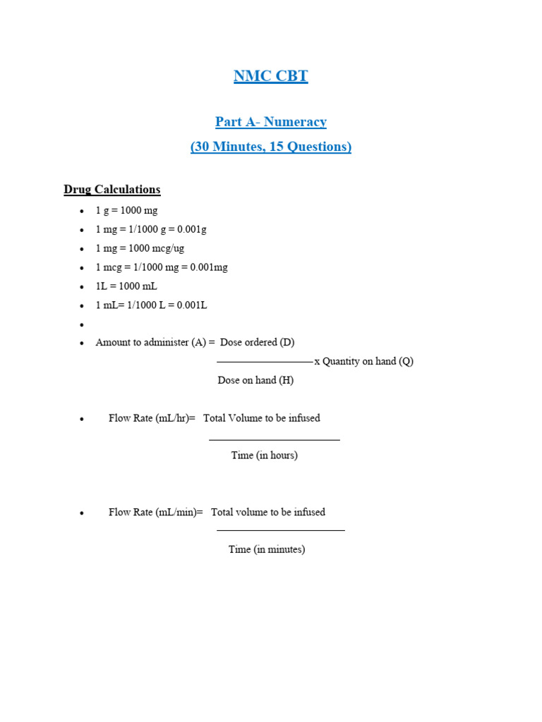 Nmc Cbt Part A Numeracy 30 Minutes 15 Questions Pdf Nursing