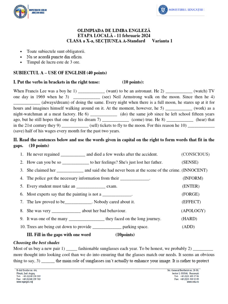 10Astandard PDF Sunglasses Vocabulary