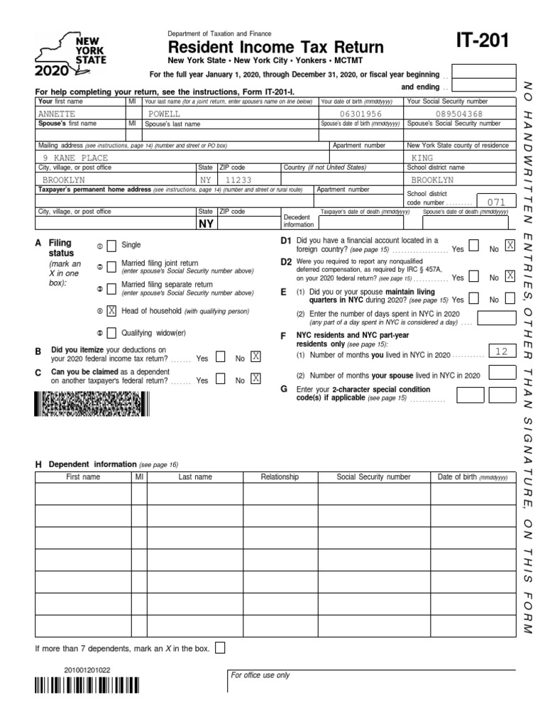 2020 NY Resident Income Tax Return | PDF | Tax Deduction | Income Tax ...