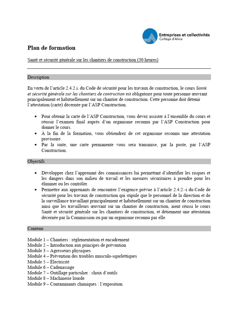 Formation ASP Construction 30h | PDF | Sécurité