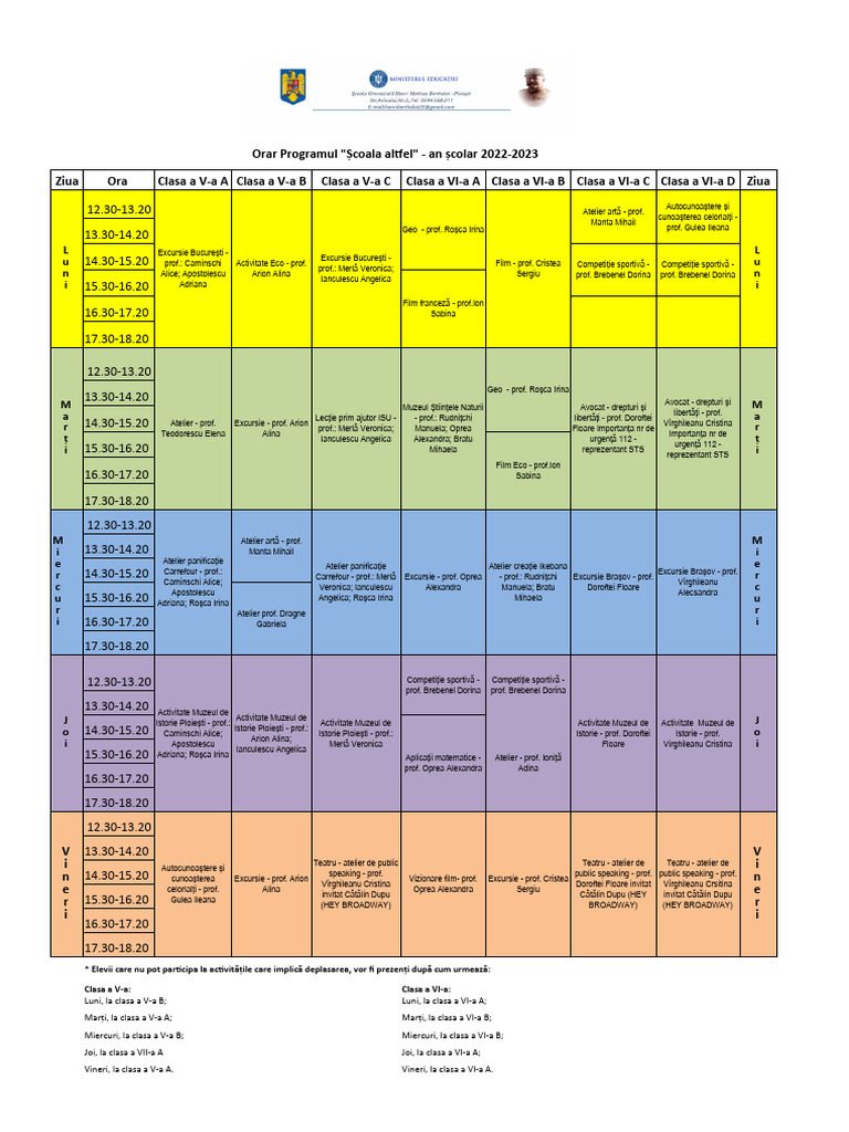 Orar Program Scoala Altfel 2022 2023 HMB | PDF