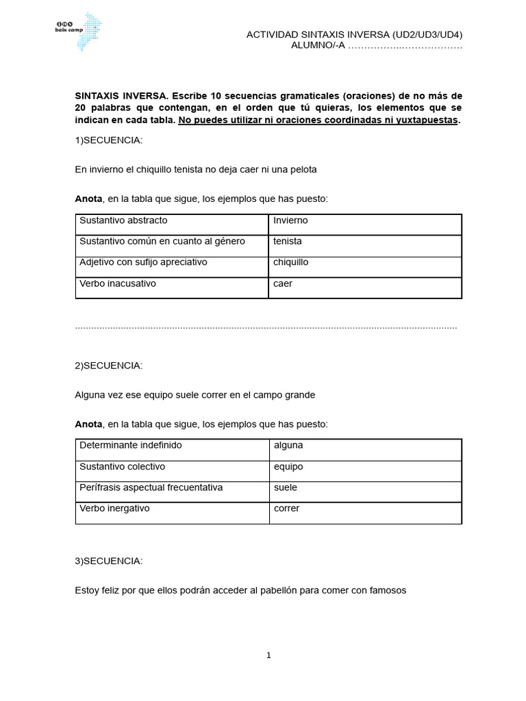 Actividad de Sintaxis Inversa | PDF | Adjetivo | Adverbio