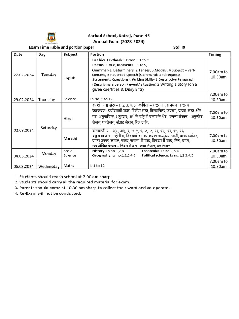 Class 9 Annual Exam Time Table 2024 | PDF | Linguistics