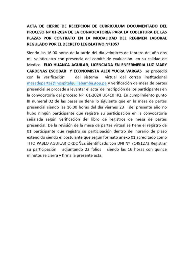 Acta de Cierre de Recepcion de Curriculum Documentado Del Proceso #01 | PDF