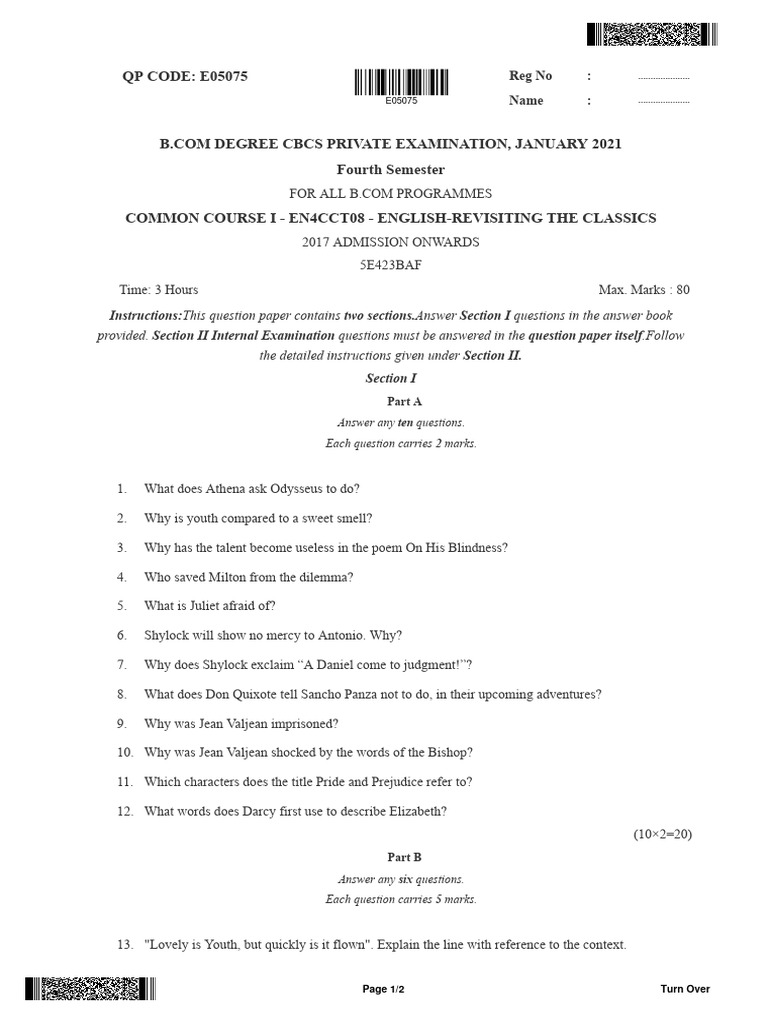 B.Com 4th Sem English Exam Paper 2021 | PDF
