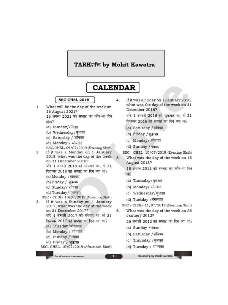 SSC Calendar Reasoning Practice Set | PDF