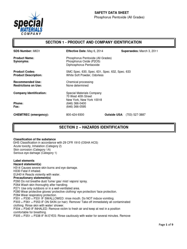 Phosphorus Pentoxide Safety Sheet | PDF | Toxicity | Dangerous Goods - Phosphorus Toxicity Danger