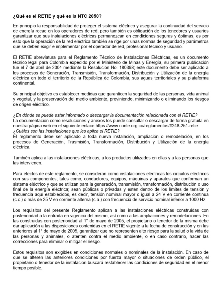 Qué Es El RETIE y Qué Es La NTC 2050 | PDF | Ingenieria Eléctrica ...