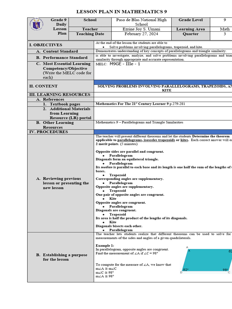 Grade 9 Math Lesson Plan: Shapes | PDF | Elementary Geometry ...