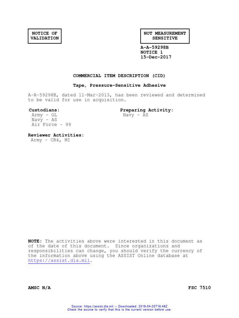 A-A-59298 - B Not 1 Tape, Pressure Sensitive | PDF