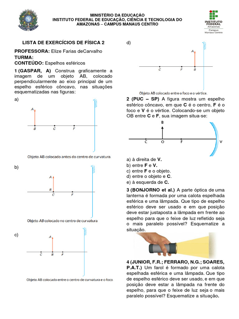 Exercícios sobre Espelhos Esféricos | PDF | Espelho | Ótica