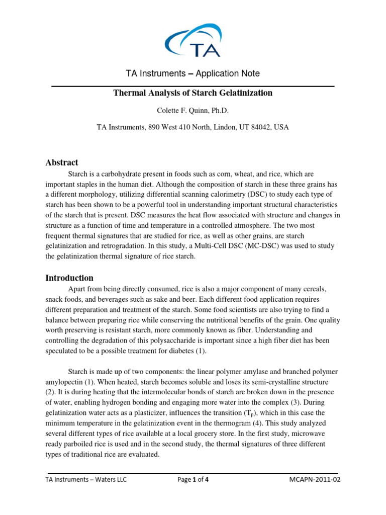 Thermal Analysis of Rice Starch Gelatinization | PDF | Differential ...