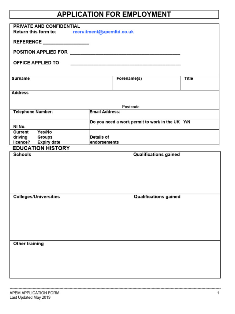 APEM Application Form 2019 | PDF | Equal Opportunity | Employment