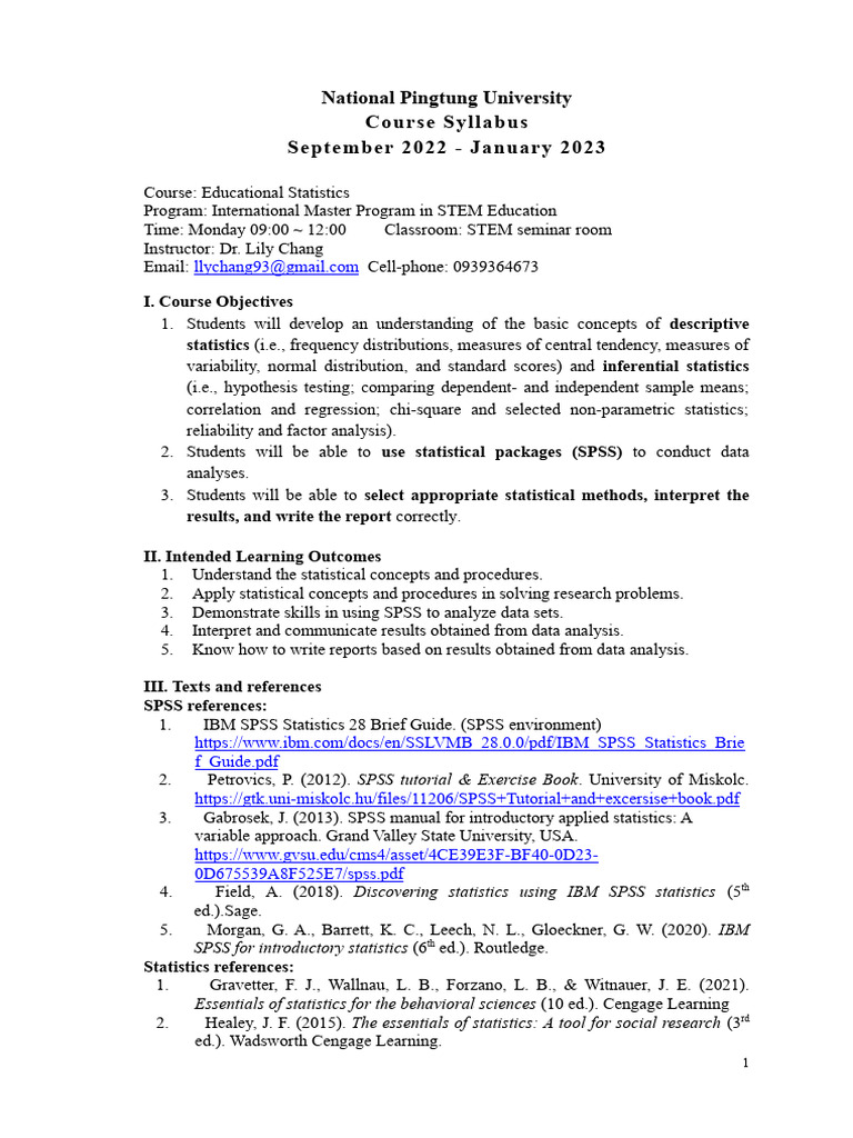 Educational Statistics Course Syllabus | PDF | Statistics | Student's T ...