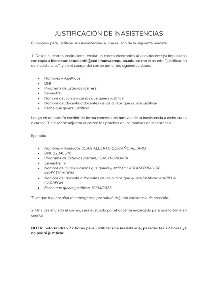 Justificación de Inasistencia 2024 0 | PDF