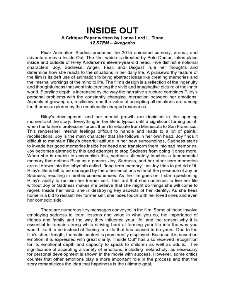 Inside Out Critique Paper PDF Behavioural Sciences Metaphysics