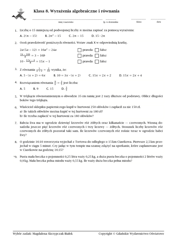 Wyrażenia Algebraiczne I Równania Klasa 8 Sprawdzian Nowa Era Wyrażenia Algebraiczne I Równania KL 8 | PDF