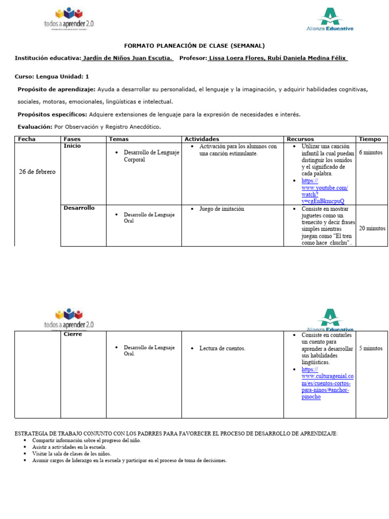 Planeación de Clase Semanal para Niños | PDF | Aprendizaje | Educación ...