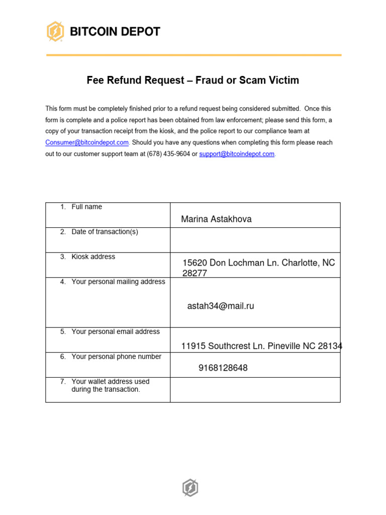 Bitcoin Depot - Fee Refund Request Form (2023) | PDF