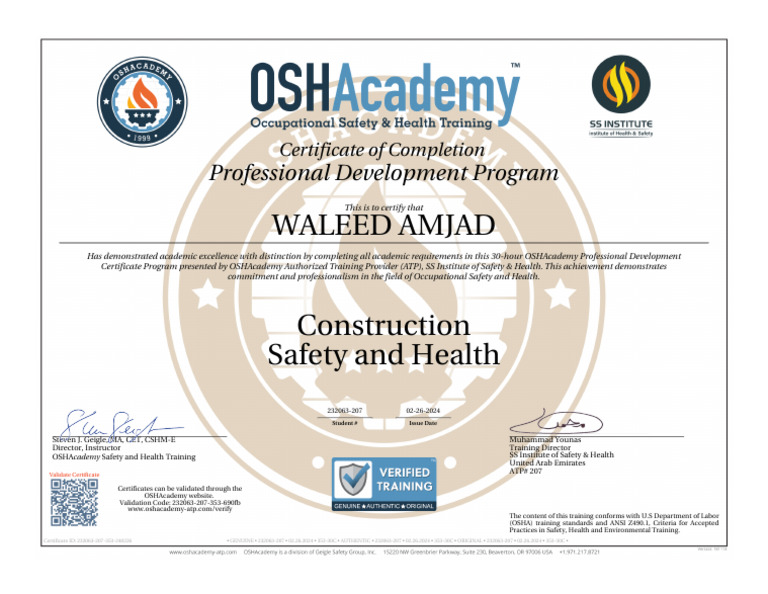 Waleed Amjad's OSHAcademy Certificate | PDF | Business | Safety