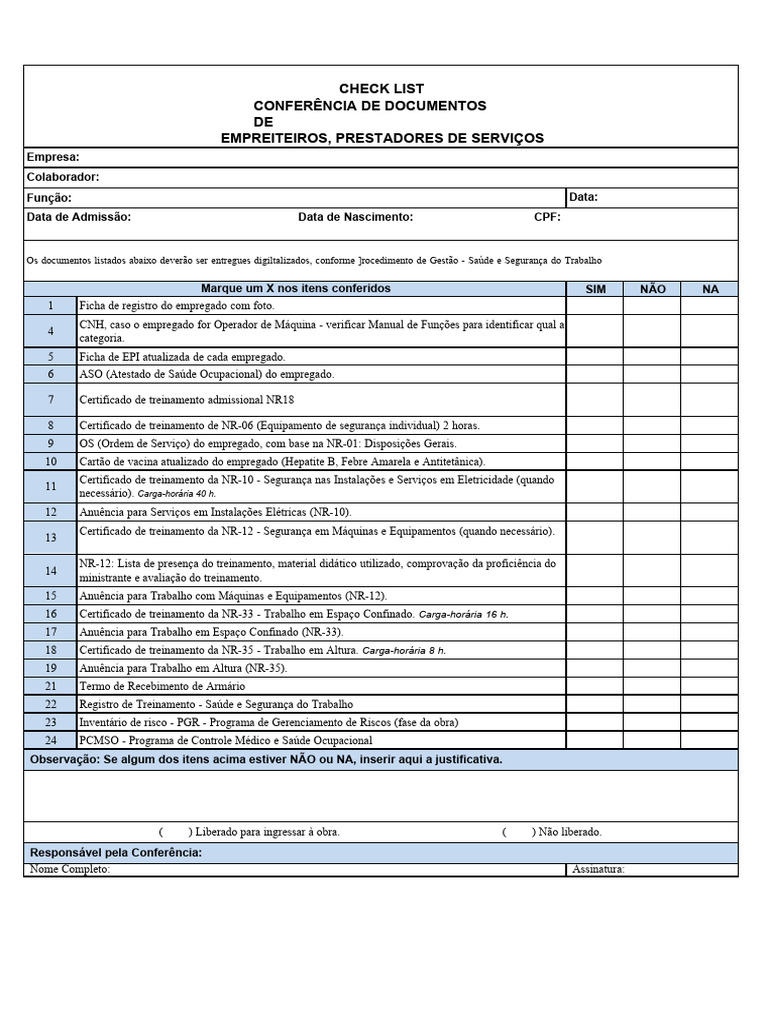 Formato De Check List De Documentos