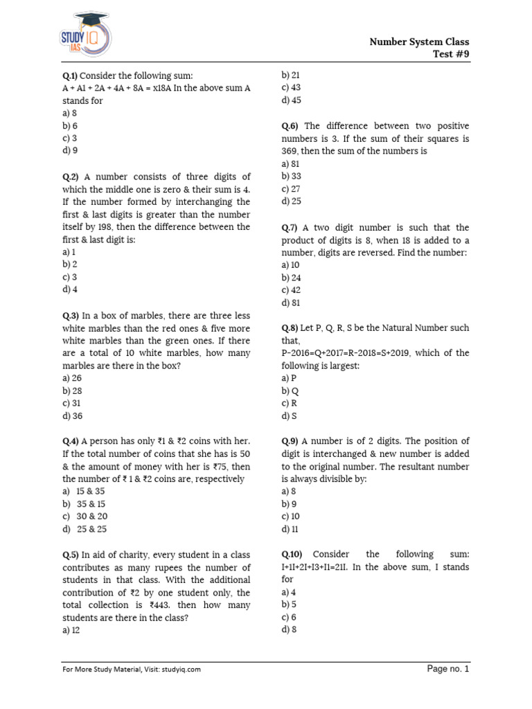 Number System ClassTest 9 QP 1664868704 1 | PDF