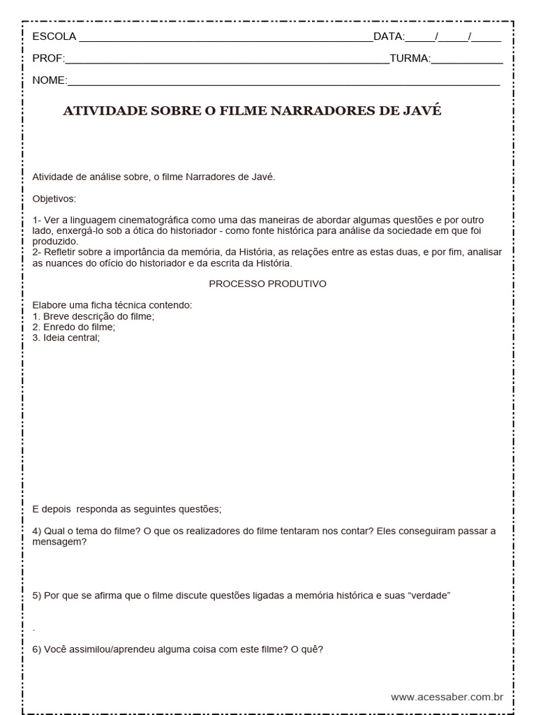 Atividade sobre o filme Narradores de Javé | PDF, image size:768x1024