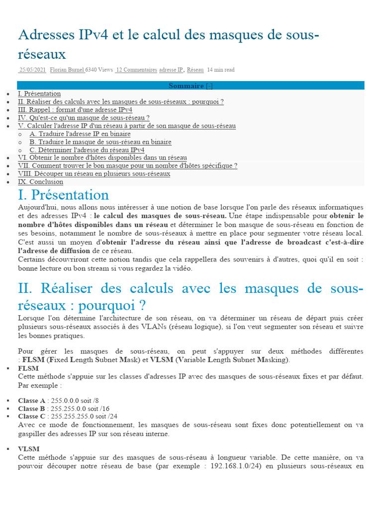 Calcul des masques de sous-réseau IPv4 | PDF | Adresse IP | Protocole ...