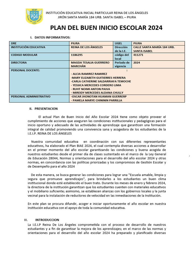 Plan de Buen Inicio Escolar 2024 | PDF | Enseñando | Educación de la ...