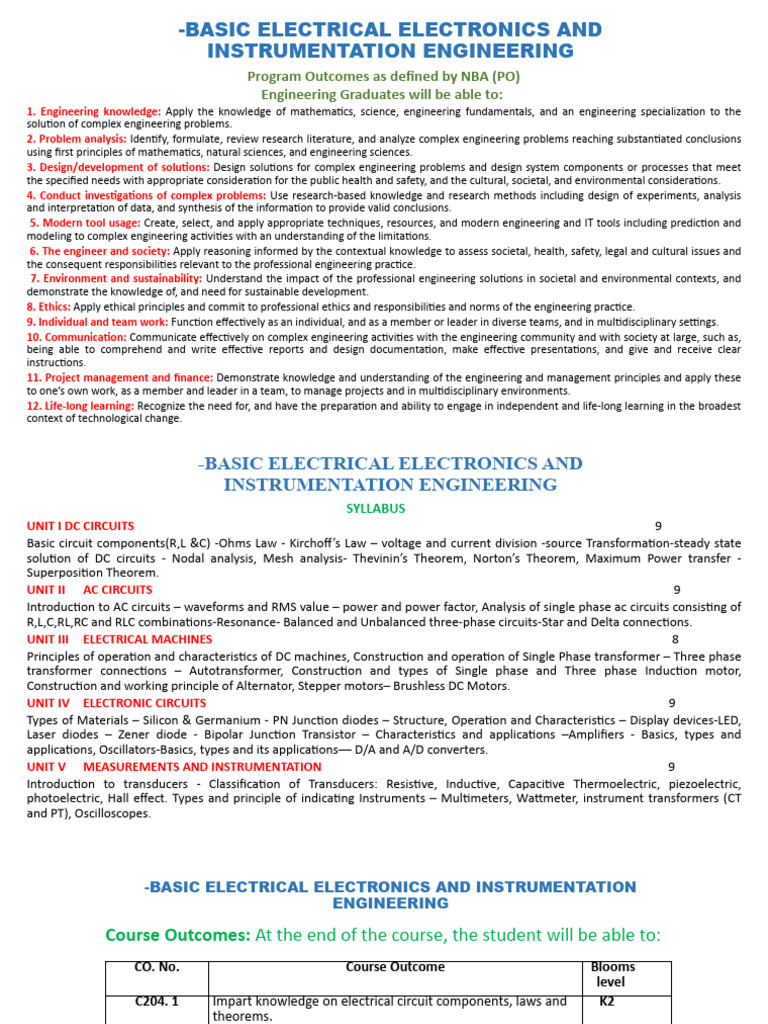 Basic Electrical & Electronics Engineering | PDF | Engineering ...
